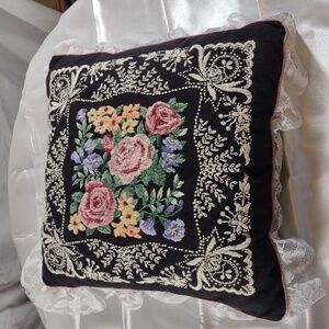 Vintage Floral Embroidered Black Cushion w/ Lace Trim